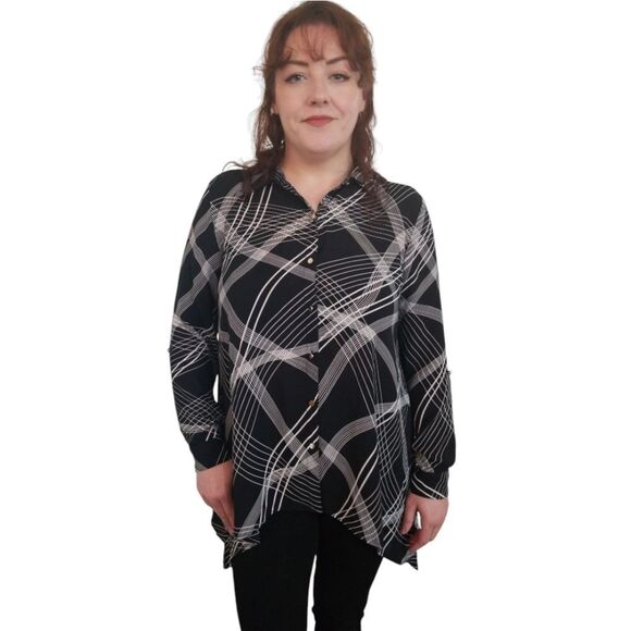 JM Collection Blouse Lagenlook Asymmetrical Black White Tunic Size Medium - Picture 1 of 7